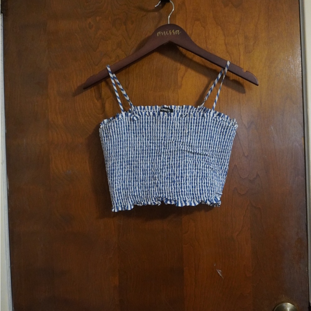 Express Blue and White Striped Smocked Cropped Cami